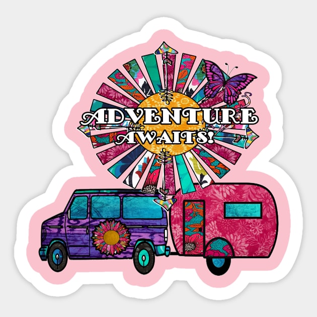 Adventure Awaits with van and travel trailer Sticker by artbyomega